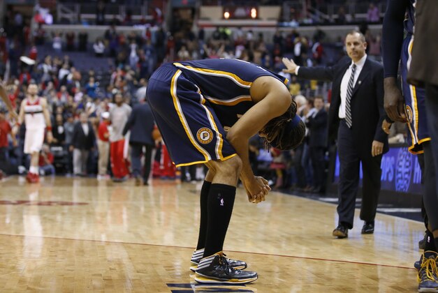 Indiana Pacers forward Chris Copeland reacts after missing a shot in the final seconds of an NBA basketball game against the Washington Wizards, Wednesday, Nov. 5, 2014, in Washington. The Wizards won 96-94 in overtime. (AP Photo/Alex Brandon)