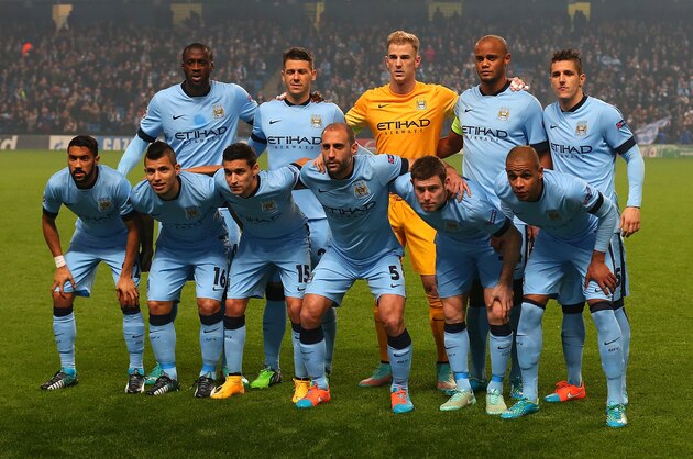 MANCHESTER, ENGLAND - NOVEMBER 05:  The Manchester City players line up for a team photo prior to the UEFA Champions League Group E match between Manchester City and CSKA Moscow on November 5, 2014 in Manchester, United Kingdom.  (Photo by Alex Livesey/Getty Images)