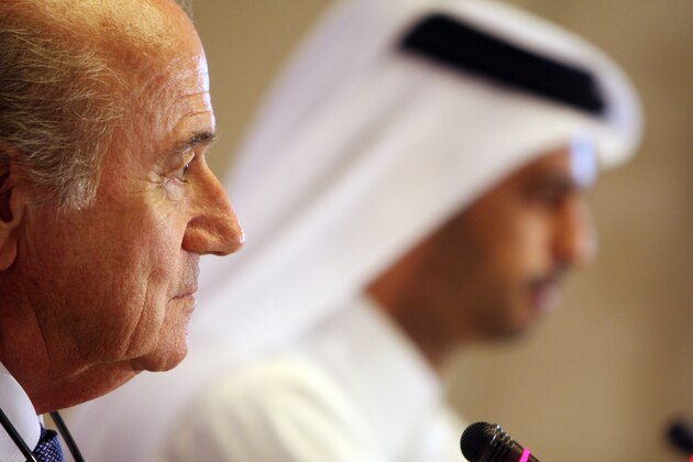 FIFA president Sepp Blatter, left,  listens to a question during a press conference in Doha Saturday, April 24, 2010. Blatter is in Doha for a two-day visit. FIFA president Sepp Blatter said the Arab world deserves to stage a World Cup, boosting Qatar's bid to host the tournament in 2022. Blatter, in Doha to meet with Qatar's football officials, praised the bid's infrastructure on Saturday and said the government's successful hosting of the 2006 Asian Games showed it was capable of organizing big international events. (AP Photo/Osama Faisal)