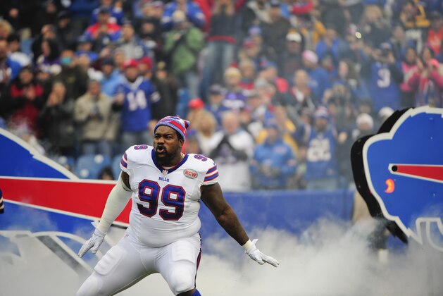 Buffalo Bills defensive tackle Marcell Dareus (99) reacts to the crowd before  an NFL football game against the Minnesota Vikings Sunday, Oct. 19, 2014, in Orchard Park, N.Y.  (AP Photo/Gary Wiepert)