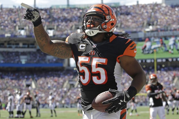 Cincinnati Bengals outside linebacker Vontaze Burfict (55) reacts to a play during the first half of an NFL football game against the Baltimore Ravens in Baltimore, Md., Sunday, Sept. 7, 2014. (AP Photo/Patrick Semansky)
