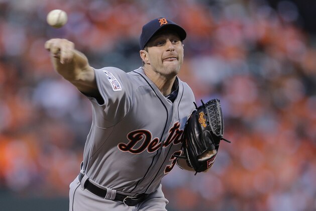 Detroit Tigers starting pitcher Max Scherzer throws in the second inning against the Baltimore Orioles during Game 1 of baseball's AL Division Series in Baltimore, Thursday, Oct. 2, 2014. (AP Photo/Patrick Semansky)