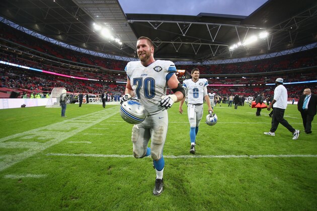 LONDON, ENGLAND - OCTOBER 26:   Garrett Reynolds #70 of the Detroit Lions smiles after victory during the NFL match between Detroit Lions and  Atlanta Falcons at Wembley Stadium on October 26, 2014 in London, England.  (Photo by Jordan Mansfield/Getty Images)