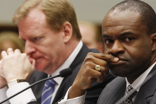 FILE - In this Oct. 28, 2009 file photo, NFL Players Association Executive Director DeMaurice Smith, right, NFL Commissioner Roger Goodell sit at the witness table on Capitol Hill in Washington.  A year without a Super Bowl? It may be unthinkable to football fans, but that's a worry behind a new lobbying push by NFL players. The NFL Players Association is bracing for a showdown with team owners that could lead to a work stoppage when the current collective bargaining deal expires, ratcheting up its lobbying on Capitol Hill under new executive director DeMaurice Smith. (AP Photo/Charles Dharapak, File)