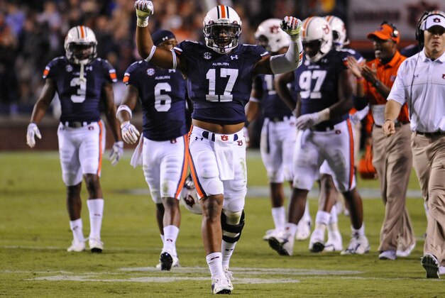 Oct 25, 2014; Auburn, AL, USA; Auburn Tigers linebacker Kris Frost (17) reacts at the start of the fourth quarter against the South Carolina Gamecocks at Jordan Hare Stadium. Auburn won 42-35. Mandatory Credit: Shanna Lockwood-USA TODAY Sports
