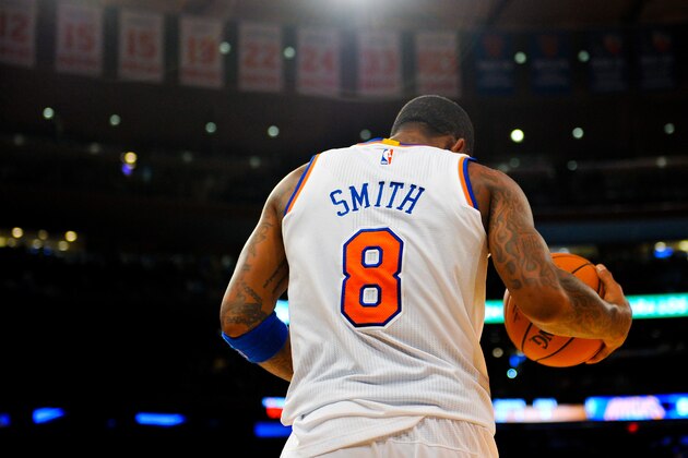 NEW YORK, NY - OCTOBER 13: J.R. Smith #8 of the New York Knicks looks on during a game against the Toronto Raptors at Madison Square Garden on October 13, 2014 in New York City. NOTE TO USER: User expressly acknowledges and agrees that, by downloading and/or using this photograph, user is consenting to the terms and conditions of the Getty Images License Agreement. (Photo by Alex Goodlett/Getty Images)