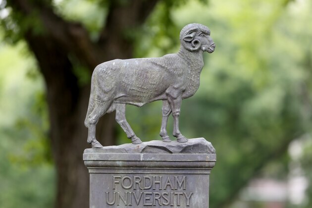 A Fordham Rams statue on campus before a  college football game on Saturday, August 30, 2014 in the Bronx, NY.  (AP Photo/Gregory Payan)
