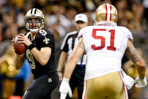Nov 17, 2013; New Orleans, LA, USA; New Orleans Saints quarterback Drew Brees (9) against the San Francisco 49ers during the second half of a game at Mercedes-Benz Superdome. The Saints defeated the 49ers 23-20. Mandatory Credit: Derick E. Hingle-USA TODAY Sports