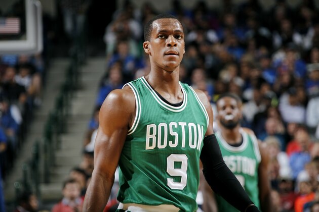 DALLAS, TX - NOVEMBER 3: Rajon Rondo #9 of the Boston Celtics stands on the court during a game against the Dallas Mavericks on November 3, 2014 at the American Airlines Center in Dallas, Texas. NOTE TO USER: User expressly acknowledges and agrees that, by downloading and or using this photograph, User is consenting to the terms and conditions of the Getty Images License Agreement. Mandatory Copyright Notice: Copyright 2014 NBAE (Photo by Glenn James/NBAE via Getty Images)