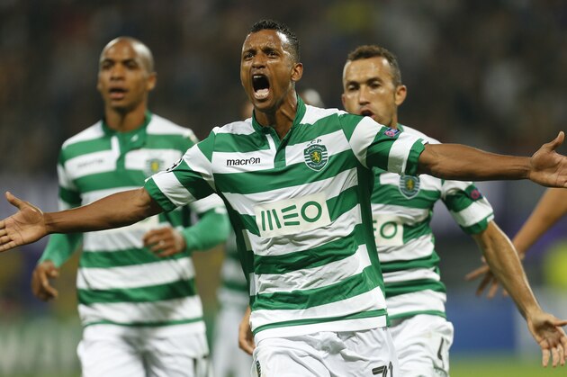 Sporting's Nani celebrates his goal during the Champions League Group G soccer match between Maribor and Sporting, in Maribor, Slovenia, Wednesday, Sept. 17, 2014. (AP Photo/Darko Bandic)