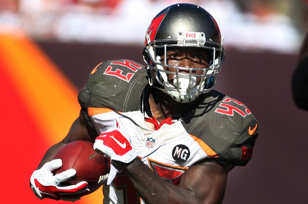 Tampa Bay Buccaneers running back Bobby Rainey (43) during the second half of an NFL football game against the Minnesota Vikings on Sunday, Oct. 26, 2014, in Tampa, Fla. The Vikings won 19-13. (AP Photo/Reinhold Matay)