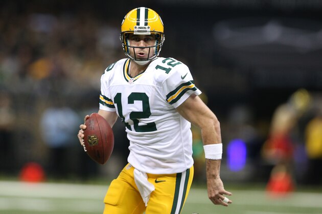 NEW ORLEANS, LA - OCTOBER 26:  Aaron Rodgers #12 of the Green Bay Packers against the New Orleans Saints at Mercedes-Benz Superdome on October 26, 2014 in New Orleans, Louisiana.  (Photo by Chris Graythen/Getty Images)