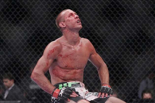 Donald Cerrone reacts after finishing a lightweight mixed martial arts bout with Karl Noons during UFC 160, Saturday, May 25, 2013, in Las Vegas. Cerrone won by unanimous decision. (AP Photo/Julie Jacobson)