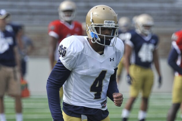 Notre Dame safety Eilar Hardy loosens up during practice of an NCAA college football team in South Bend, Ind. Aug. 16, 2014.  (AP Photo/Joe Raymond)