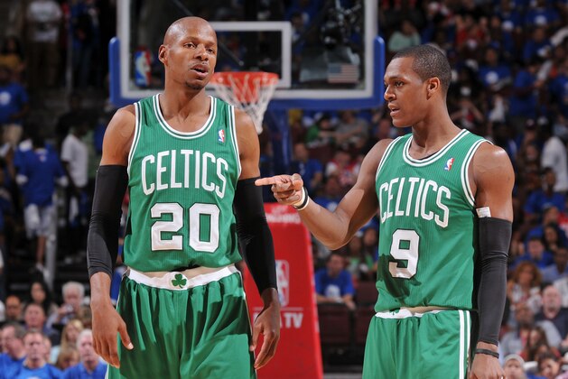 PHILADELPHIA, PA - MAY 23:  Ray Allen #20 and Rajon Rondo #9 of the Boston Celtics talk in Game Six of the Eastern Conference Semifinals against the Philadelphia 76ers during the 2012 NBA Playoffs on May 23, 2012 at the Wells Fargo Center in Philadelphia, Pennsylvania.  NOTE TO USER: User expressly acknowledges and agrees that, by downloading and/or using this Photograph, user is consenting to the terms and conditions of the Getty Images License Agreement. Mandatory Copyright Notice: Copyright 2012 NBAE   (Photo by David Dow/NBAE via Getty Images)