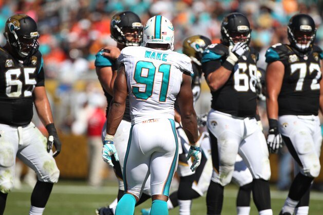 Cameron Wake #91 of the Miami Dolphins during an NFL football game between the Miami Dolphins and the Jacksonville Jaguars, Sunday, Oct. 26, 2014, in Jacksonville, Fla. (Photo by Marc Serota/Panini)