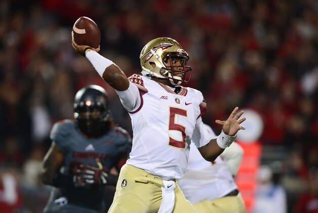 Oct 30, 2014; Louisville, KY, USA; Florida State Seminoles quarterback Jameis Winston (5) against the Louisville Cardinals at Papa John's Cardinal Stadium. Mandatory Credit: Andrew Weber-USA TODAY Sports