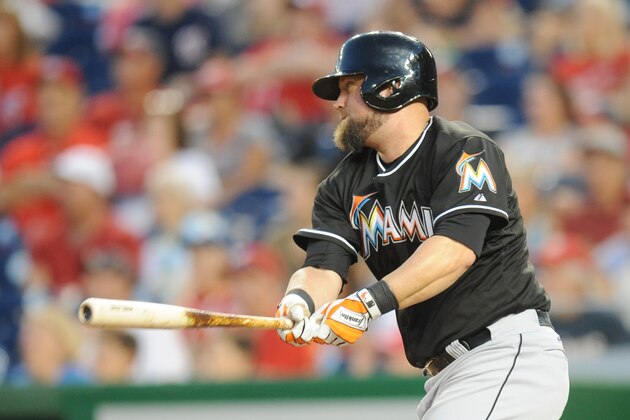 WASHINGTON, DC - SEPTEMBER 27:  Casey McGehee #9 of the Miami Marlins gets his second of game in the ninth inning during a  baseball game against the Washington Nationals on September 27, 2014 at Nationals Park in Washington, DC.  The Nationals won 5-1.  (Photo by Mitchell Layton/Getty Images)