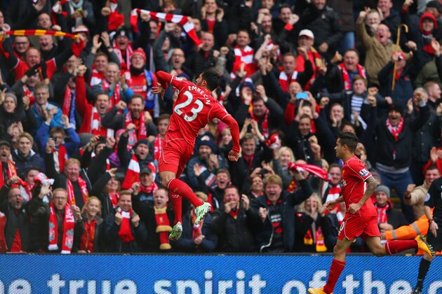 LIVERPOOL, ENGLAND - NOVEMBER 08:  Emre Can of Liverpool celebrates scoring the opening goal during the Barclays Premier League match between Liverpool and Chelsea at Anfield on November 8, 2014 in Liverpool, England.  (Photo by Alex Livesey/Getty Images)