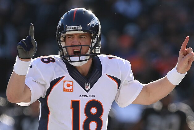 Dec 29, 2013; Oakland, CA, USA; Denver Broncos quarterback Peyton Manning (18) calls out a play against the Oakland Raiders during the first quarter at O.co Coliseum. Mandatory Credit: Kelley L Cox-USA TODAY Sports