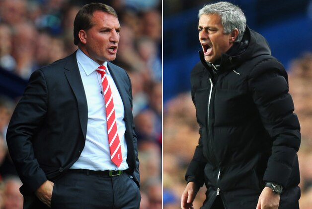 FILE PHOTO - EDITORS NOTE: COMPOSITE OF TWO IMAGES - Image Numbers 150452492 (L) and 479407505) In this composite image a comparison has been made between Brendan Rodgers ,manager of Liverpool (L) and Chelsea manager Jose Mourinho. The top two teams in the Premier League meet in a league match on April 27, 2014 at Anfield in Liverpool,England.   ***LEFT IMAGE*** WEST BROMWICH, ENGLAND - AUGUST 18: Liverpool manager Brendan Rodgers looks on during the Barclays Premier League match between West Bromwich Albion and Liverpool at The Hawthorns on August 18, 2012 in West Bromwich, England. (Photo by Michael Regan/Getty Images) ***RIGHT IMAGE*** LONDON, ENGLAND - MARCH 18: Jose Mourinho manager of Chelsea shouts during the UEFA Champions League Round of 16 second leg match between Chelsea and Galatasaray AS at Stamford Bridge on March 18, 2014 in London, England. (Photo by Clive Rose/Getty Images)