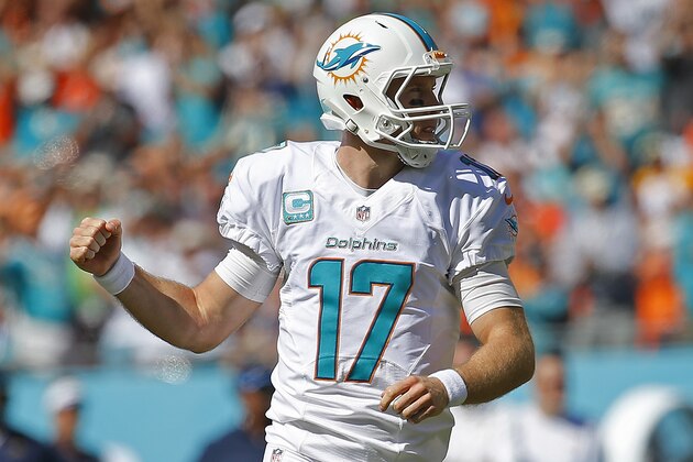 MIAMI GARDENS, FL - NOVEMBER 02:  quarterback Ryan Tannehill #17 of the Miami Dolphins celebrates a reception in the first quarter during a game against the San Diego Chargers at Sun Life Stadium on November 2, 2014 in Miami Gardens, Florida.  (Photo by Chris Trotman/Getty Images)