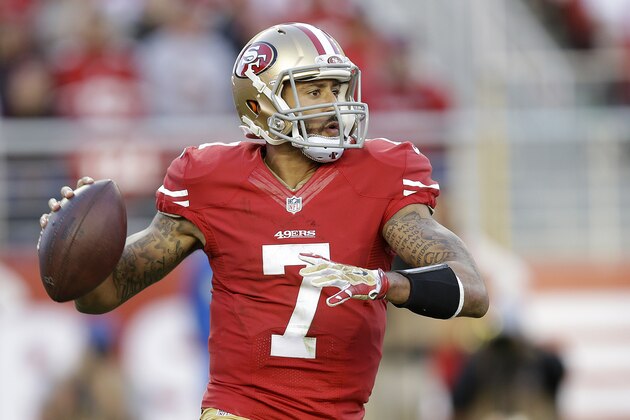 San Francisco 49ers quarterback Colin Kaepernick (7) against the St. Louis Rams during the second half of an NFL football game in Santa Clara, Calif., Sunday, Nov. 2, 2014. (AP Photo/Ben Margot)