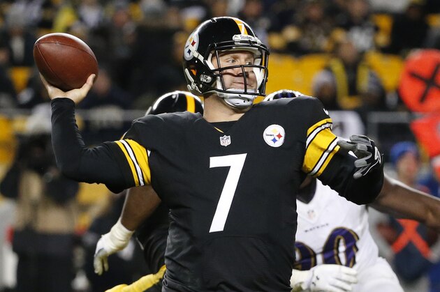 Pittsburgh Steelers quarterback Ben Roethlisberger (7) throws a pass during the second half of an NFL football game against the Baltimore Ravens, Sunday, Nov. 2, 2014, in Pittsburgh. Roethlisberger threw six touchdowns for the second game consecutive game to set a new NFL all-time record. (AP Photo/Gene J. Puskar)