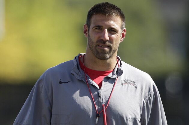 Ohio State's defensive line coach Mike Vrabel watches during NCAA college football practice Monday, Aug. 6, 2012, in Columbus, Ohio. (AP Photo/Jay LaPrete)