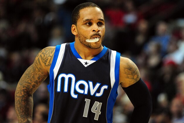 Nov 6, 2014; Portland, OR, USA; Dallas Mavericks guard Jameer Nelson (14) looks over at the bench during the third quarter of the game against the Portland Trail Blazers at the Moda Center at the Rose Quarter. Mandatory Credit: Steve Dykes-USA TODAY Sports