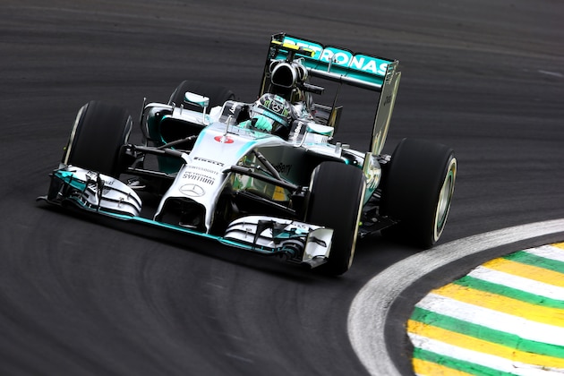 SAO PAULO, BRAZIL - NOVEMBER 08:  Nico Rosberg of Germany and Mercedes GP drives during final practice for the Brazilian Formula One Grand Prix at Autodromo Jose Carlos Pace on November 8, 2014 in Sao Paulo, Brazil.  (Photo by Mark Thompson/Getty Images)