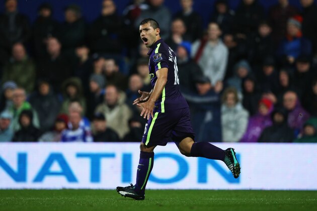 LONDON, ENGLAND - NOVEMBER 08:  Sergio Aguero of Manchester City celebrates as he scores their first and equalising goal during the Barclays Premier League match between Queens Park Rangers and Manchester City at Loftus Road on November 8, 2014 in London, England.  (Photo by Scott Heavey/Getty Images)