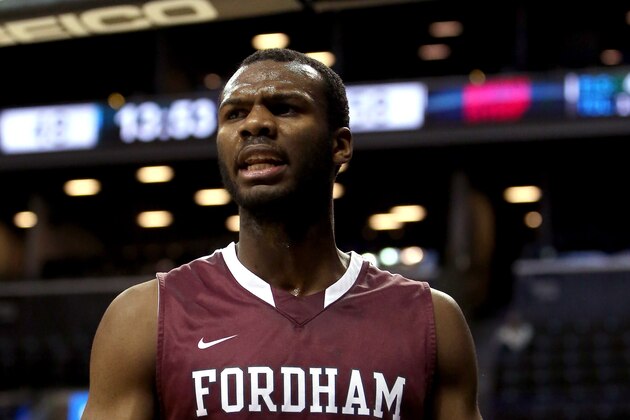 NEW YORK, NY - MARCH 13: Jon Severe #10 of the Fordham Rams reacts after a basket in the second half against the Dayton Flyers in the Second Round of the 2014 Atlantic 10 Men's Basketball Tournament at Barclays Center on March 13, 2014 in the Brooklyn Borough of New York City.  (Photo by Mike Lawrie/Getty Images)