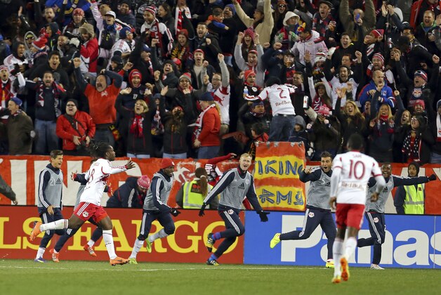 New York Red Bulls Peguy Luyindula (8) celebrates scoring a goal against D.C. United during the second half of an MLS playoff soccer match, Sunday, Nov. 2, 2014, in Harrison, N.J. (AP Photo/Adam Hunger)