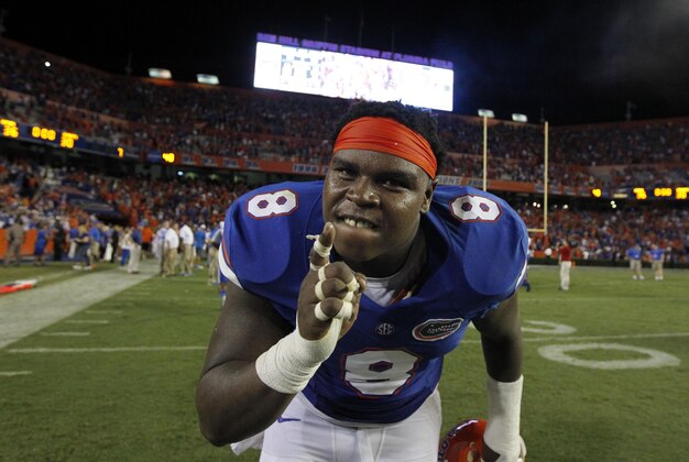 Sep 13, 2014; Gainesville, FL, USA; Florida Gators defensive lineman Leon Orr (8) reacts after they beat the Kentucky Wildcats in triple overtime at Ben Hill Griffin Stadium. Florida Gators defeated the Kentucky Wildcats 36-30 in triple overtime. Mandatory Credit: Kim Klement-USA TODAY Sports