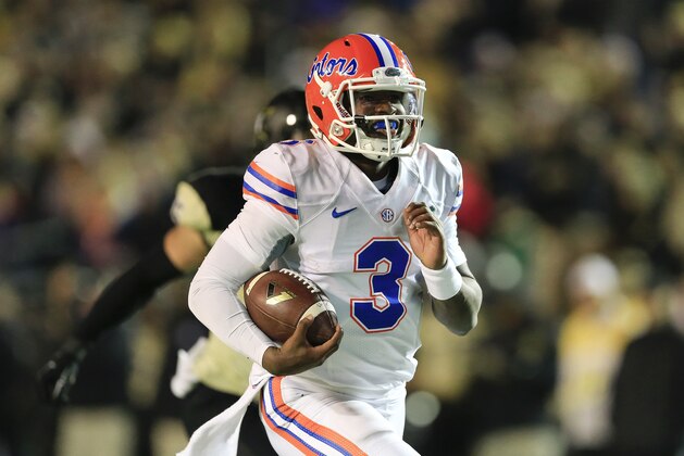 Florida quarterback Treon Harris (3) runs 33 yards for a touchdown against Vanderbilt in the fourth quarter of an NCAA college football game Saturday, Nov. 8, 2014, in Nashville, Tenn. Florida won 34-10. (AP Photo/Mark Humphrey)