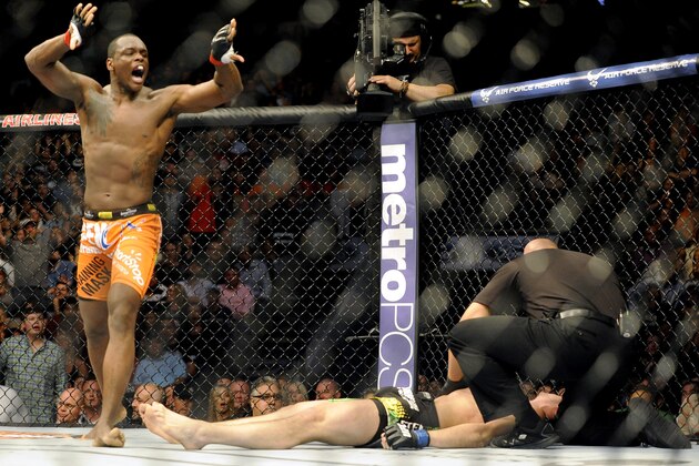 Ovince St. Preux celebrates his submission win over Nikita Krylov during a UFC 171 mixed martial arts light heavyweight bout, Saturday, March 15, 2014, in Dallas. (AP Photo/Matt Strasen)