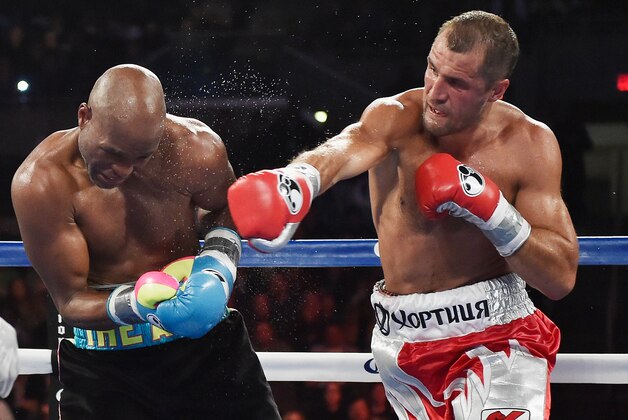ATLANTIC CITY, NJ - NOVEMBER 08:  Sergey Kovalev punches Bernard Hopkins during their IBF, WBA,