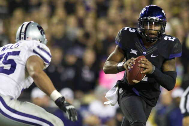 FORT WORTH, TX - NOVEMBER 8:  Trevone Boykin #2 of the TCU Horned Frogs breaks free against the Kansas State Wildcats during the 3rd quarter on November 8, 2014 at Amon G. Carter Stadium in Fort Worth, Texas.  (Photo by Cooper Neill/Getty Images)