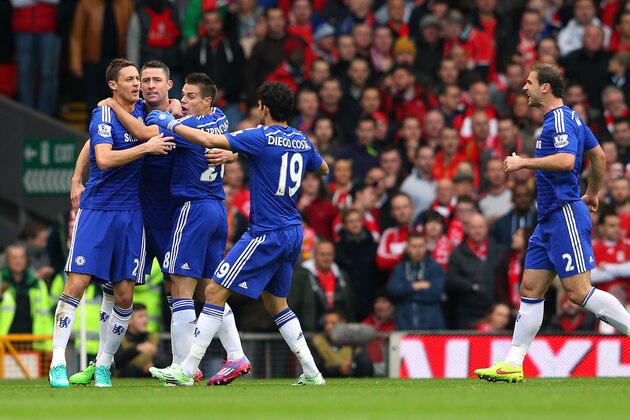 LIVERPOOL, ENGLAND - NOVEMBER 08:  Gary Cahill of Chelsea celebrates his goal with team mates during the Barclays Premier League match between Liverpool and Chelsea at Anfield on November 8, 2014 in Liverpool, England.  (Photo by Alex Livesey/Getty Images)