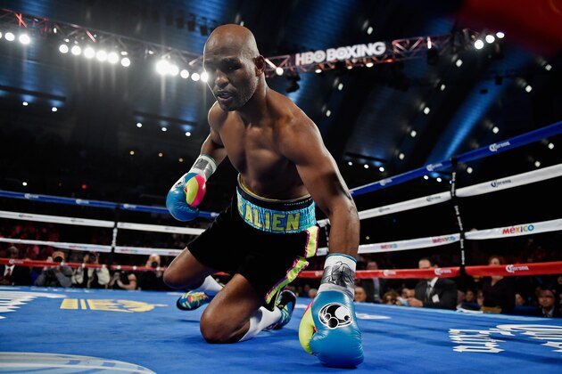 ATLANTIC CITY, NJ - NOVEMBER 08:  Bernard Hopkins is knocked down in the first round against Sergey Kovalev during their IBF, WBA, & WBO Light Heavyweight title fight at Boardwalk Hall Arena on November 8, 2014 in Atlantic City, New Jersey.  (Photo by Al Bello/Getty Images)