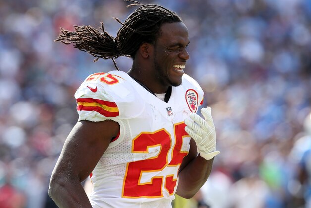 SAN DIEGO, CA - OCTOBER 19:  Running back Jamaal Charles #25 of the Kansas City Chiefs celebrates after scoring on a 16 yard touchdown run against the San Diego Chargers in the second quarter at Qualcomm Stadium on October 19, 2014 in San Diego, California.  (Photo by Stephen Dunn/Getty Images)