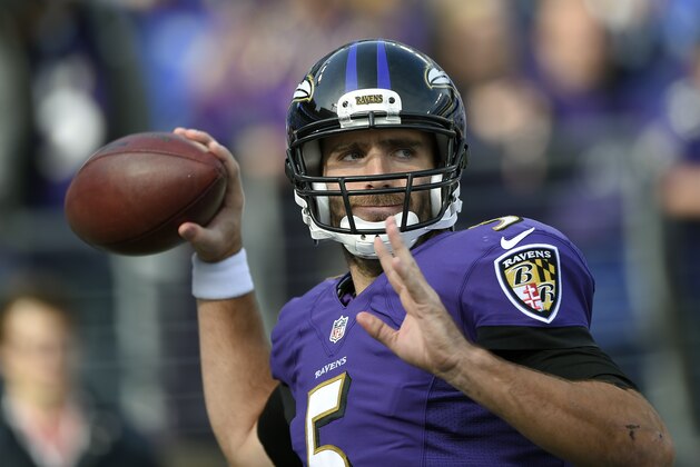 Baltimore Ravens quarterback Joe Flacco (5) warms up before an NFL football game against the Tennessee Titans in Baltimore, Sunday, Nov. 9, 2014. (AP Photo/Nick Wass)