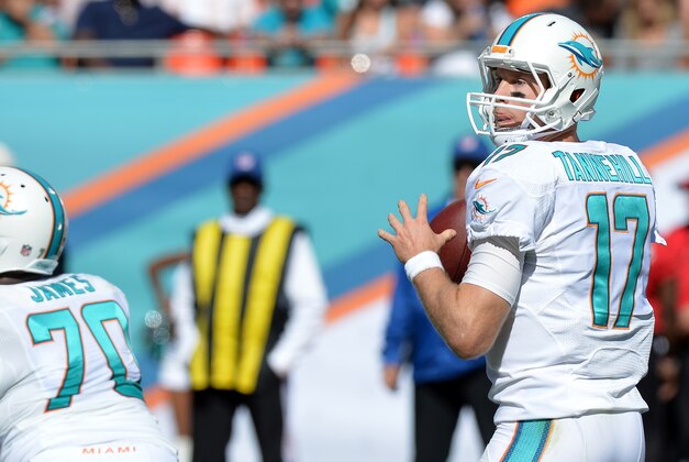 Nov 2, 2014; Miami Gardens, FL, USA; Miami Dolphins quarterback Ryan Tannehill (17) throws the ball against the San Diego Chargers during the first half at Sun Life Stadium. Mandatory Credit: Steve Mitchell-USA TODAY Sports