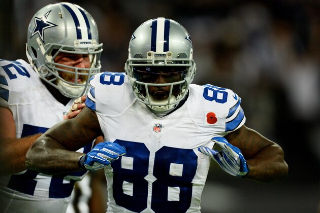 LONDON, ENGLAND - NOVEMBER 09:   Dez Bryant #88 of the Dallas Cowboys celebrates after scoring a touchdown during the NFL week 10 match between the Jackson Jaguars and the Dallas Cowboys at Wembley Stadium on November 9, 2014 in London, England.  (Photo by Alan Crowhurst/Getty Images)