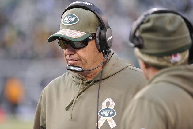 New York Jets head coach Rex Ryan reacts on the sidelines during the second half of an NFL football game against the Pittsburgh Steelers Sunday, Nov. 9, 2014, in East Rutherford, N.J. The Jets won the game 20-13. (AP Photo/Bill Kostroun)