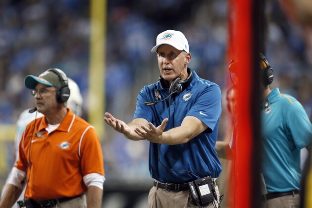 Miami Dolphins head coach Joe Philbin argues a call against the Detroit Lions in the fourth quarter of a NFL football game in Detroit Sunday, Nov. 9, 2014. Detroit won 20-16. (AP Photo/Paul Sancya)