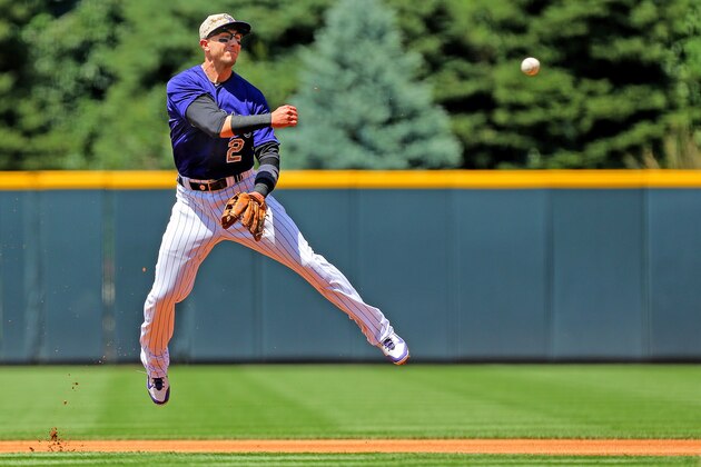 DENVER, CO - JULY 6:  Shortstop Troy Tulowitzki #2 of the Colorado Rockies throws to first base for the first out during the first inning against the Los Angeles Dodgers at Coors Field on July 6, 2014 in Denver, Colorado. (Photo by Justin Edmonds/Getty Images)