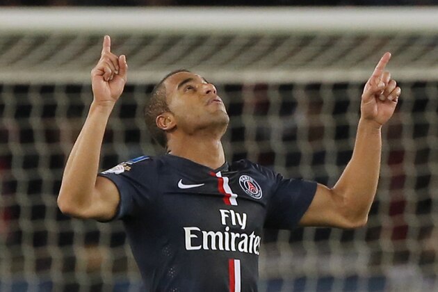 Paris Saint Germain's Lucas celebrates after scoring his side's first goal during their French League One soccer match match between Paris Saint Germain and Marseille at Parc des Princes stadium in Paris, France, Sunday, Nov. 9, 2014. (AP Photo/Francois Mori)