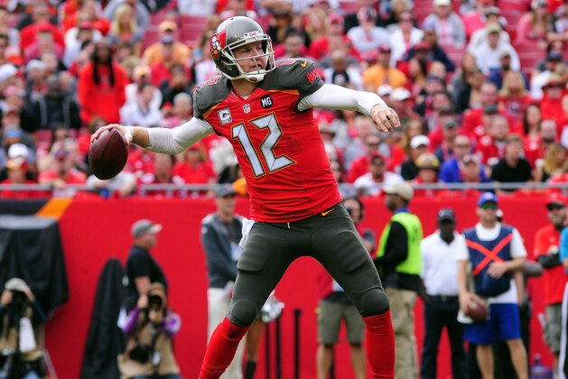 Nov 9, 2014; Tampa, FL, USA; Tampa Bay Buccaneers quarterback Josh McCown (12) drops back to pass in the second quarter as the Atlanta Falcons beat the Buccaneers 27-17 at Raymond James Stadium.  McCown had a game-high 301 yards passing. Mandatory Credit: David Manning-USA TODAY Sports